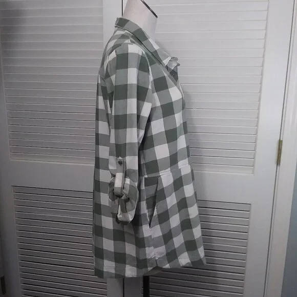Caslon Green‎ White Large Check Cotton Flannel Tunic Roll Tab Sleeves Size Small - Picture 9 of 11